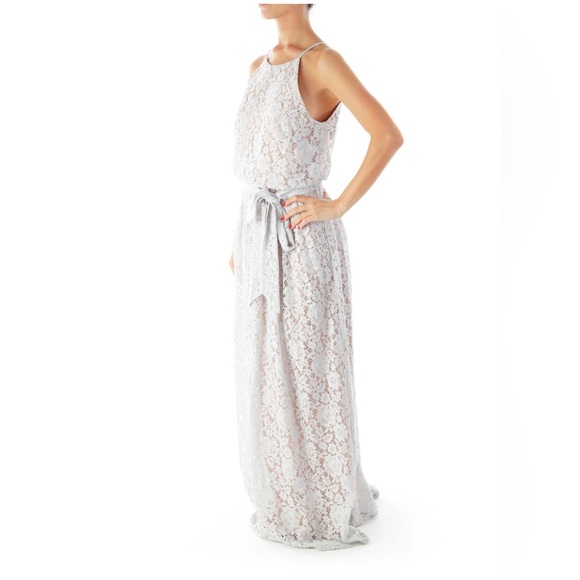 Anthropologie- Donna Morgan Blue Gray Lace Maxi Dress - Picture 2 of 6